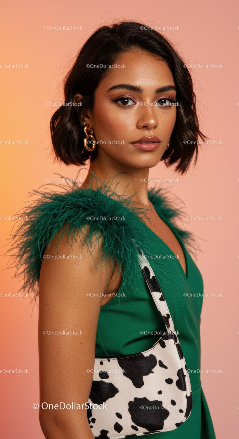 Elegant Woman in Green Feathered Dress with Cow Print Bag