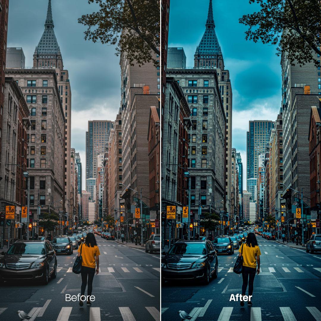 color grading preview with Cinematic Colorful Streets LUT Pack