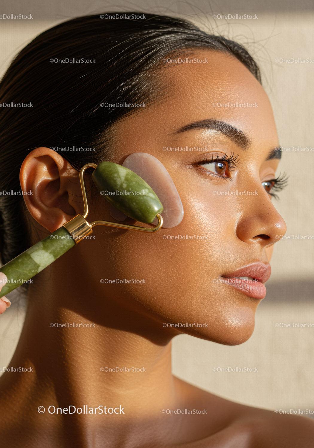 Woman Receiving Facial Massage with Jade Roller for Skin Rejuvenation