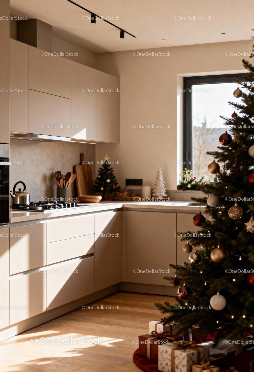 Cozy modern kitchen with decorated Christmas tree and gifts