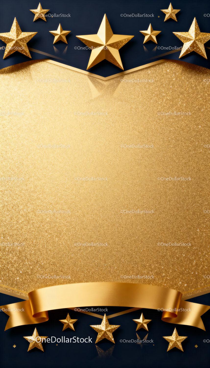 Golden stars and ribbon on glittery backdrop