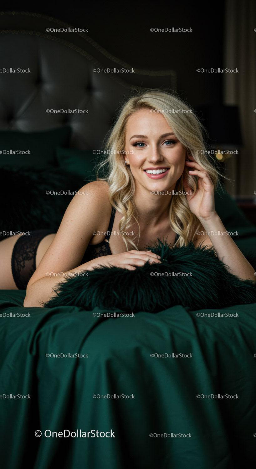Smiling blonde woman relaxing on dark green bed