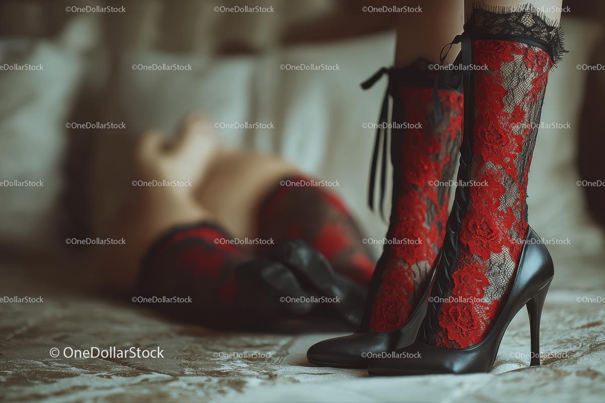 Chic Black Heels and a Red Lace Dress in a Cozy Bedroom Setting Stock Photo Bundle preview 29