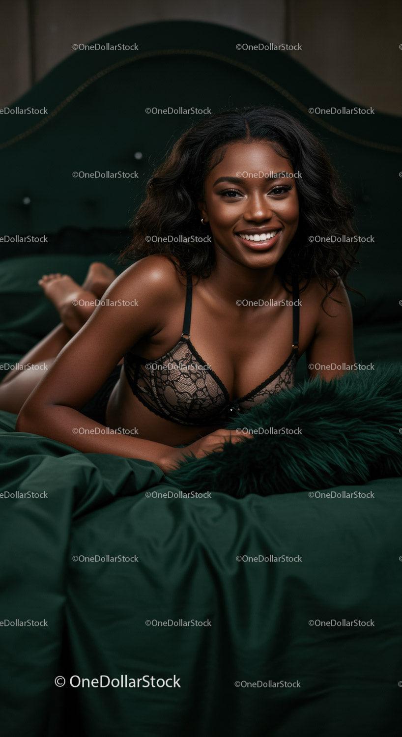 Smiling woman in black lace lingerie on green bed