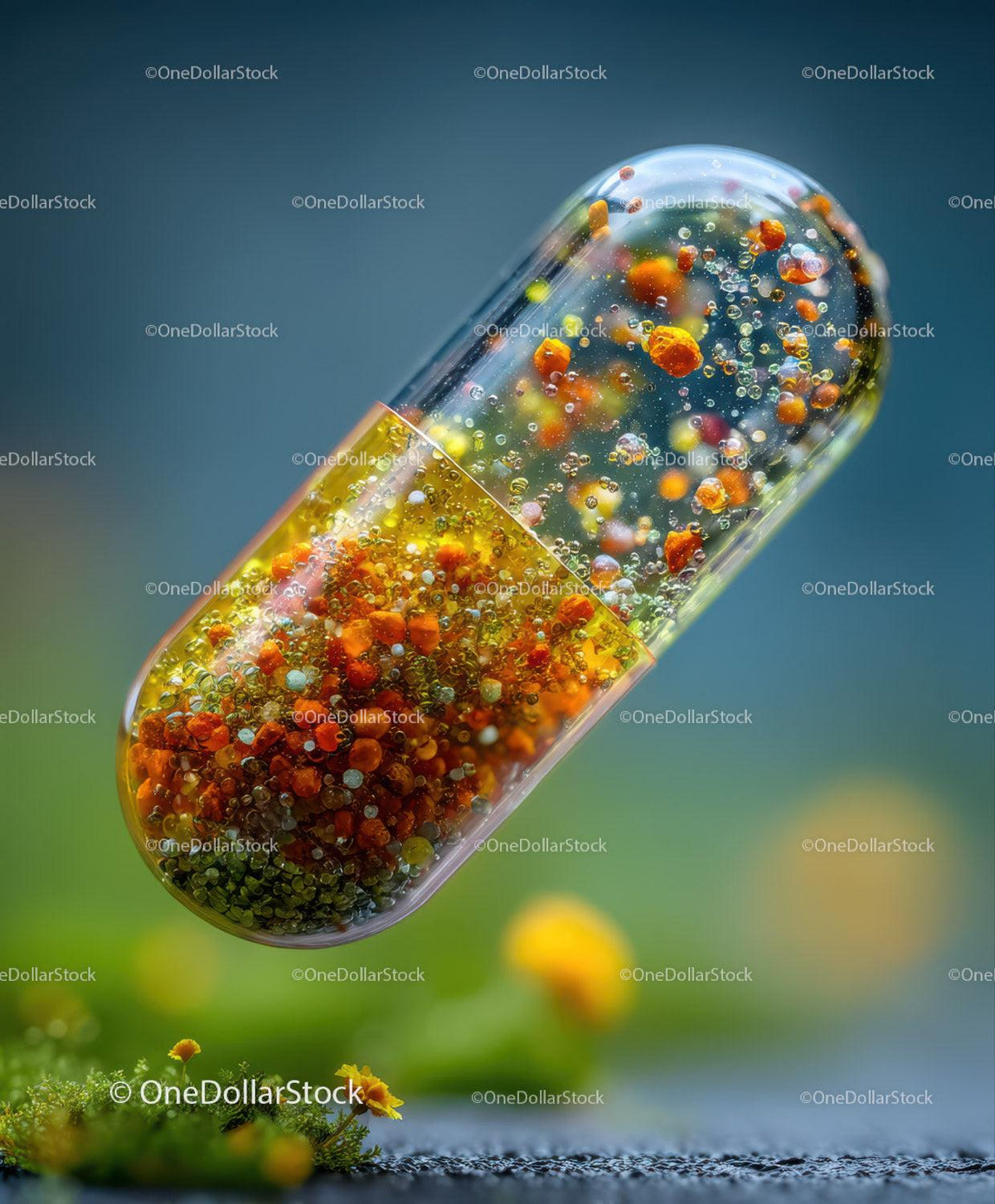 Floating transparent capsule filled with orange and yellow granules and bubbles