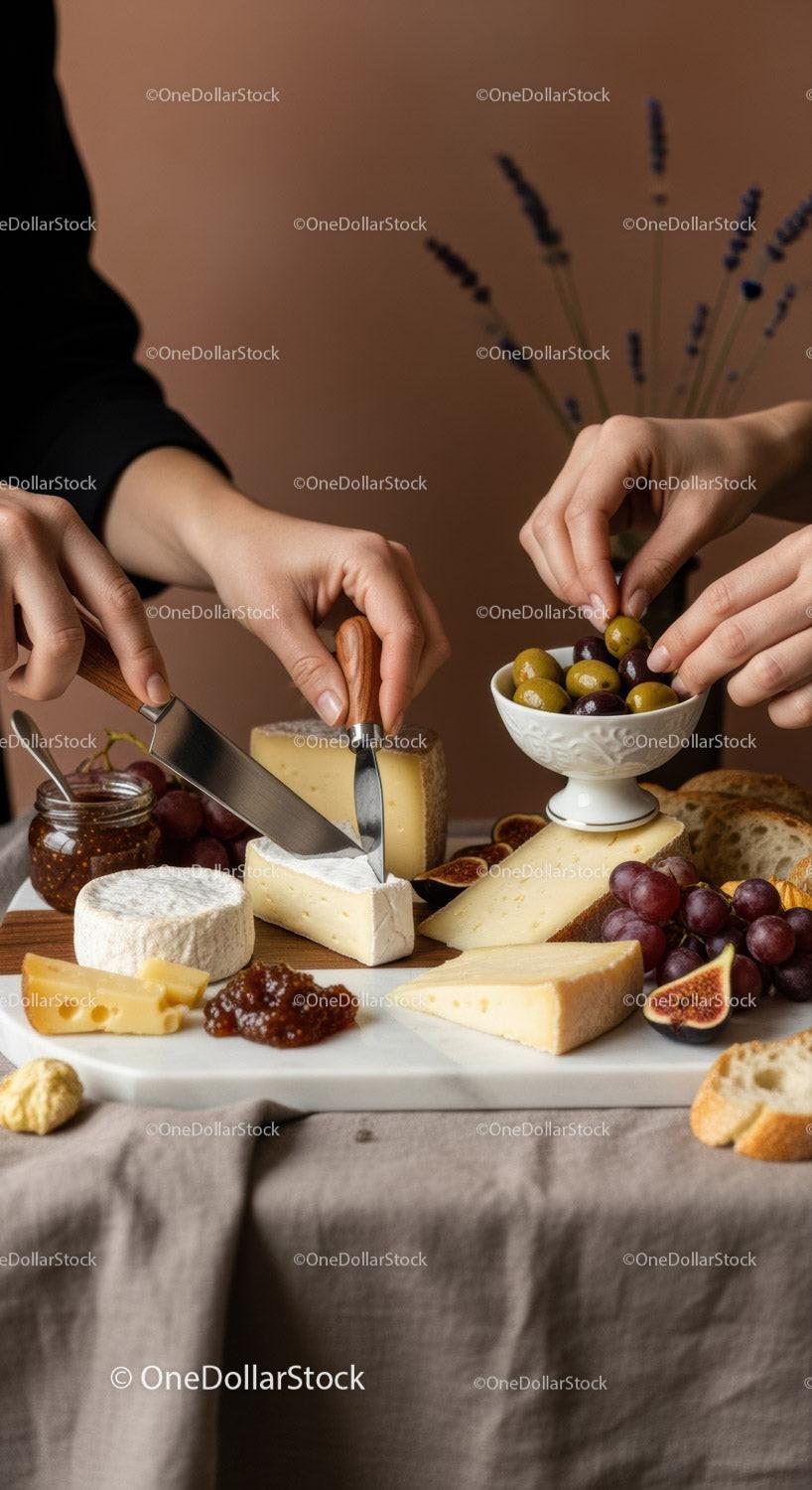Gourmet Cheese Platter with Grapes and Fig on Rustic Table