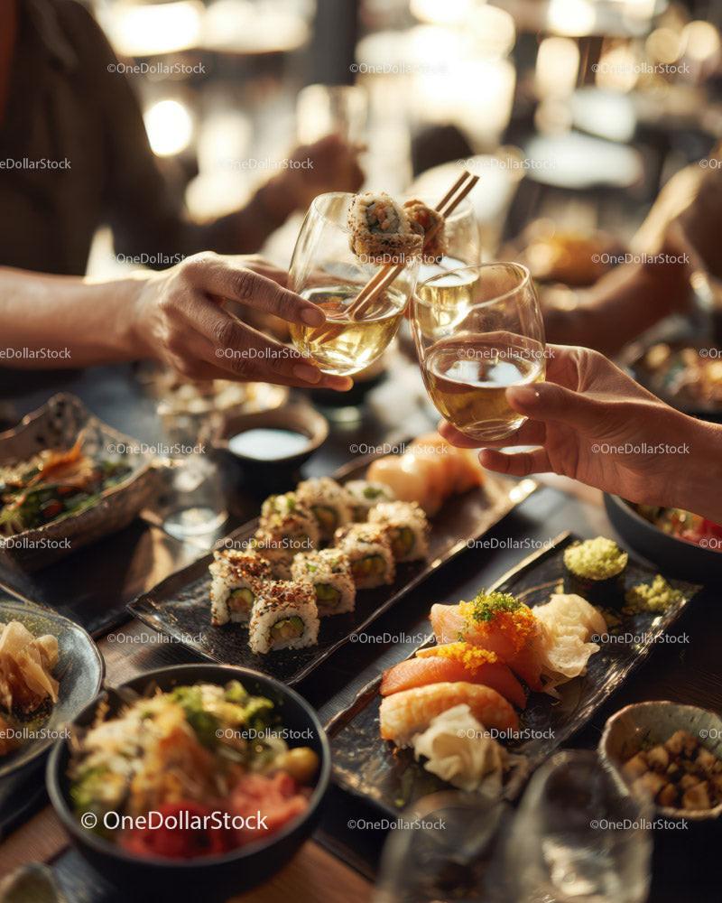 Diverse group of friends enjoying colorful sushi in modern restaurant 16 JPG Files digital asset preview
