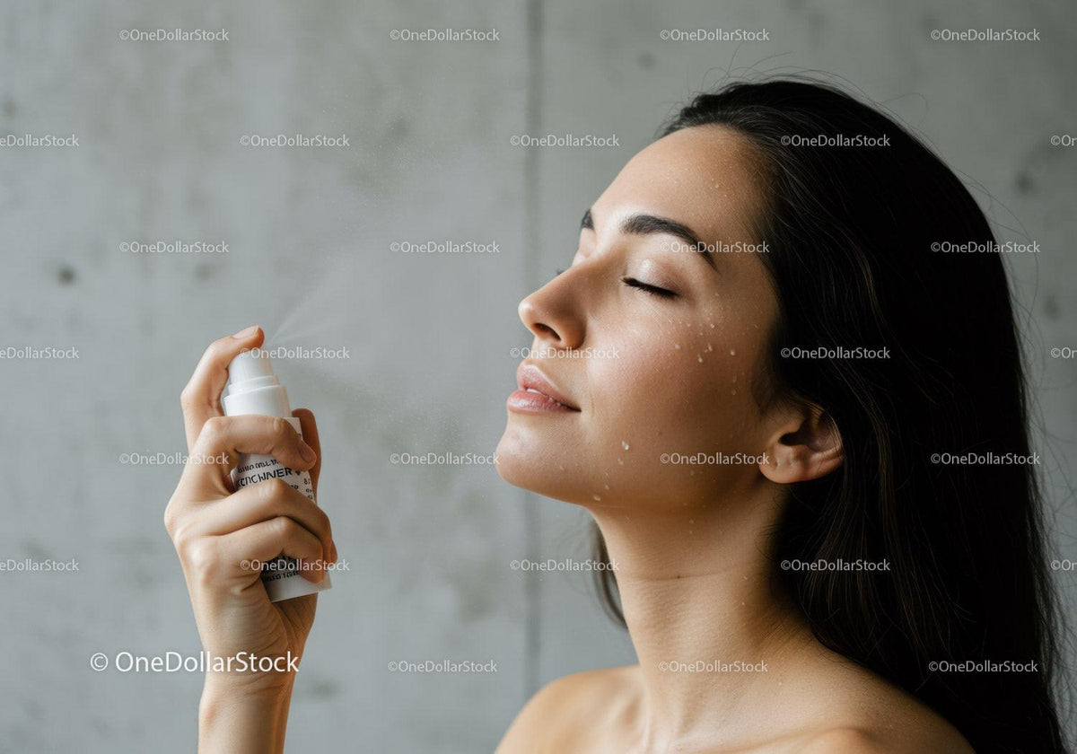 Woman Spraying Water on Face for Refreshing Skincare Routine