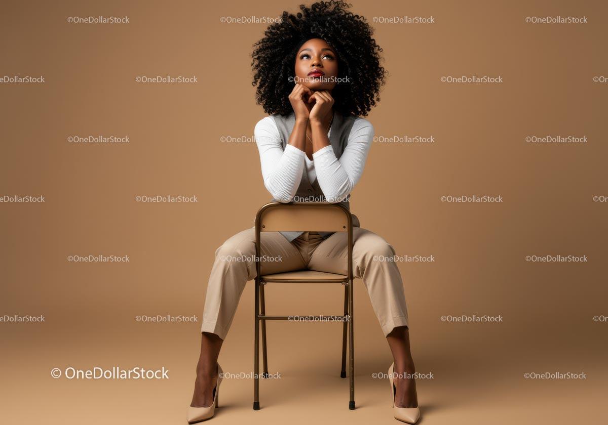 Thoughtful Woman Seated in Elegant Attire Against Brown Background Stock Photo Bundle preview 5