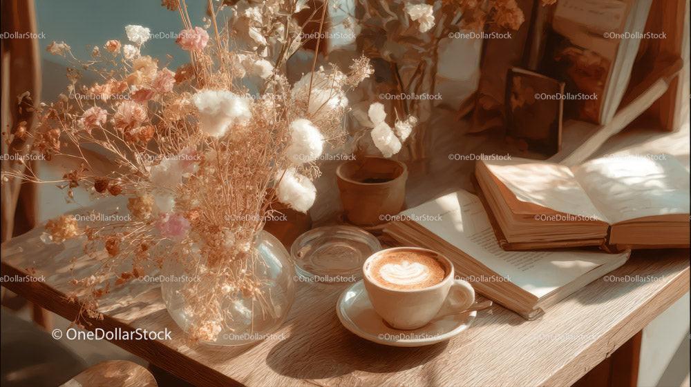 Dried Flowers in Amber Jar with Coffee and Open Book Stock Photo Bundle preview 9
