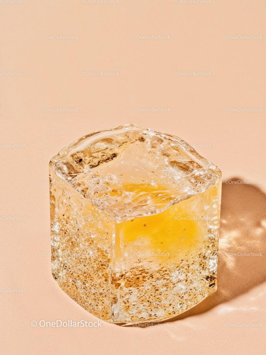 Close up of melting ice cube on warm beige surface