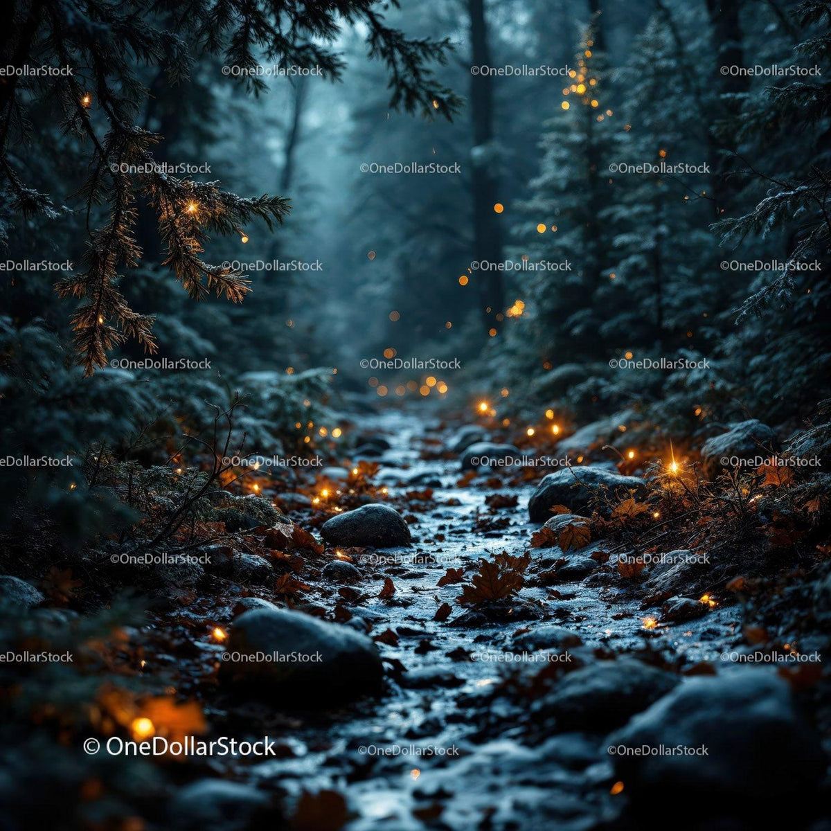 Misty Forest Path with Glowing Fireflies and Autumn Leaves