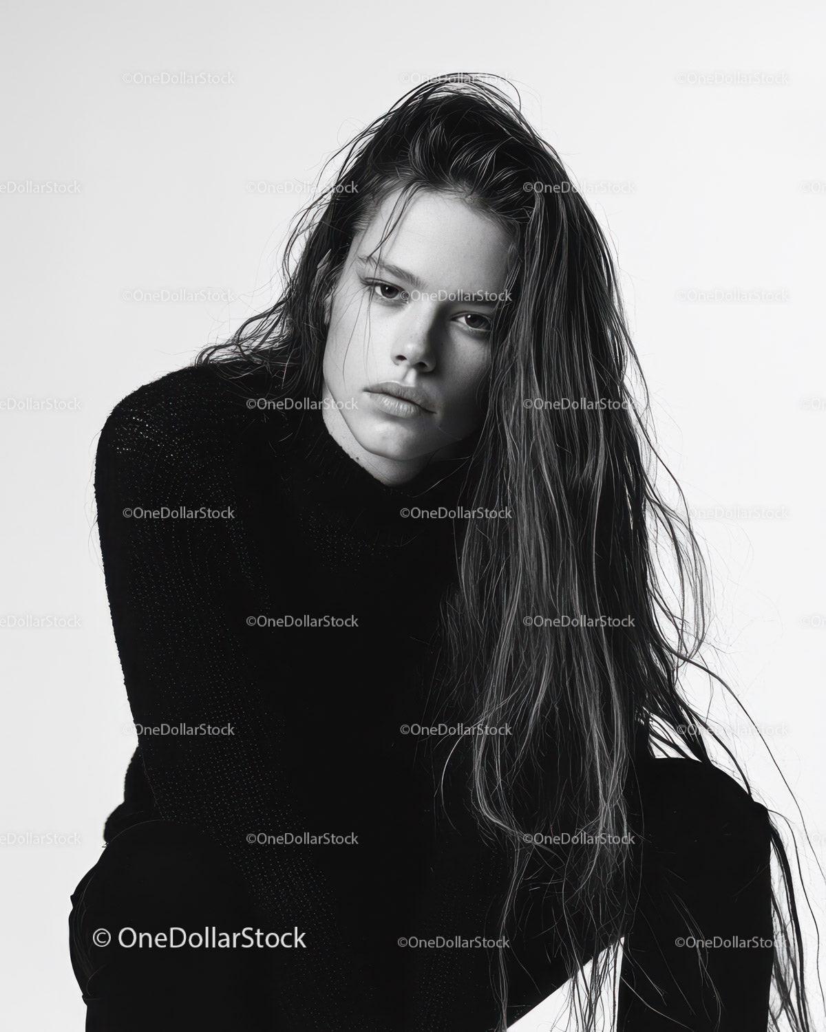 Black and White Portrait of Young Woman with Long Hair in Artistic Style