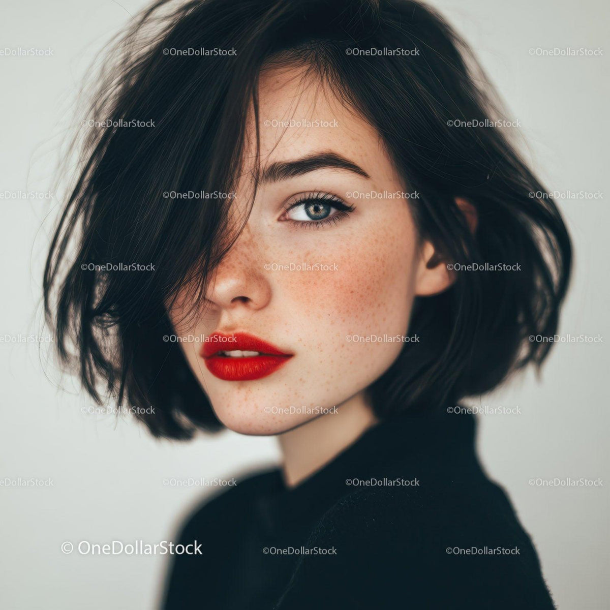 Beautiful Woman with Freckles and Red Lipstick in Modern Portrait