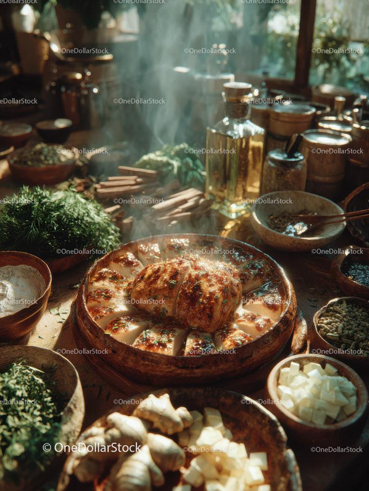 Herb-Seasoned Roast Chicken Cooking in Rustic Kitchen Stock Photo Bundle preview 11