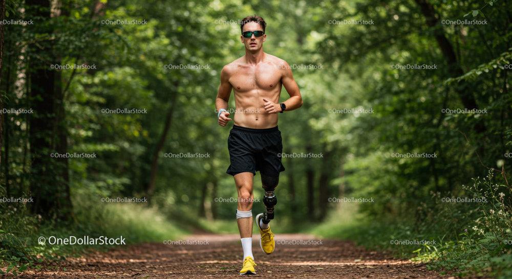 Male Runner with Prosthetic Leg Running Through Foggy Forest Trail Stock Photo Bundle preview 5