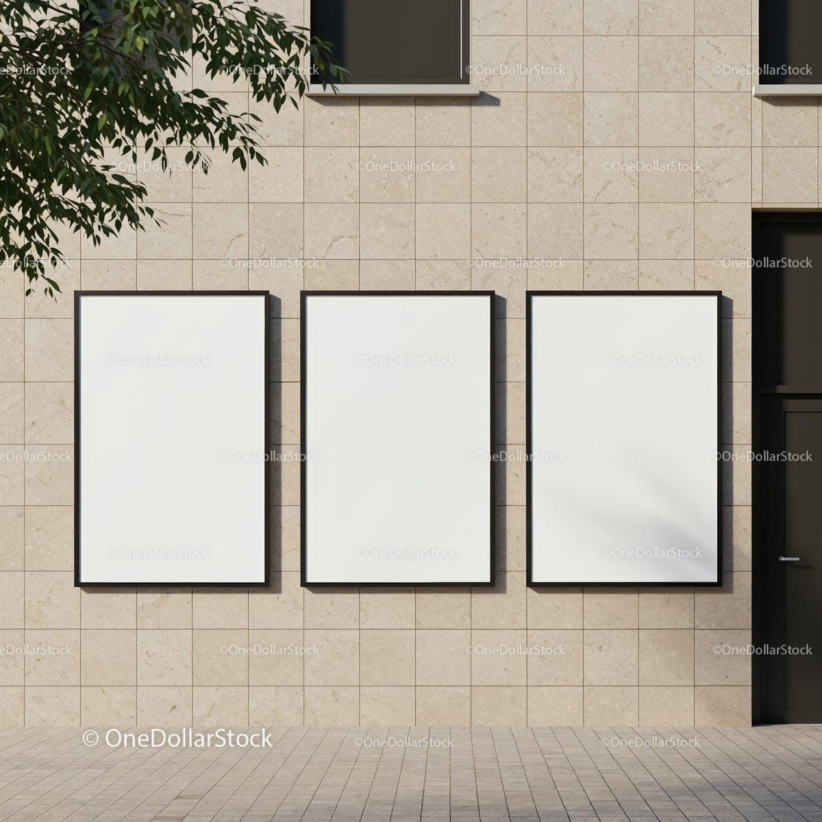 Three Blank Posters on Modern Beige Building Wall JPG Mockup Image preview