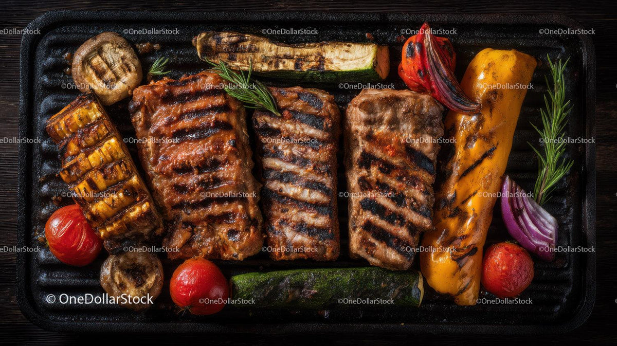 Grilled Meat and Vegetable Platter with Fresh Herbs and Cherry Tomatoes