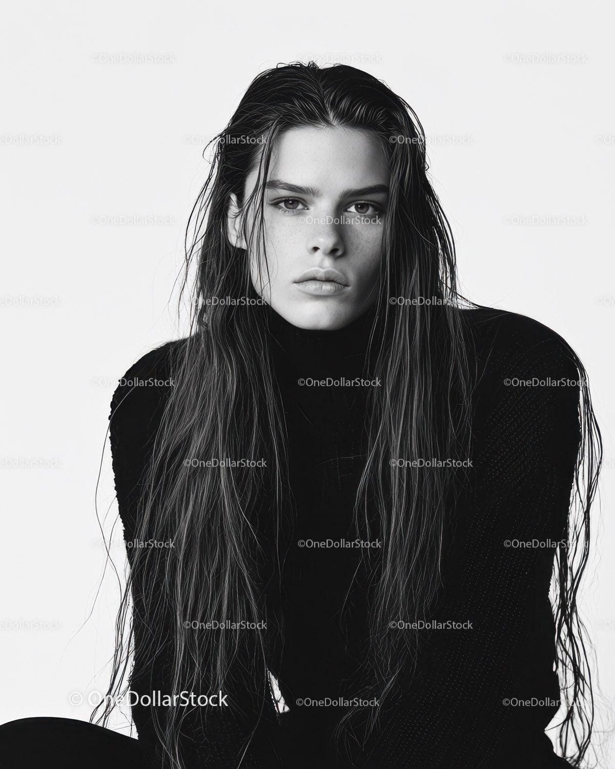 Black and White Portrait of a Young Woman with Wet Hair