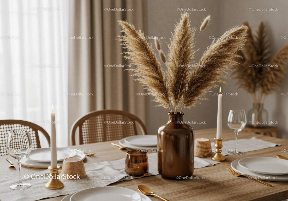 Stylish Dining Table with Pampas Grass and Elegant Tableware