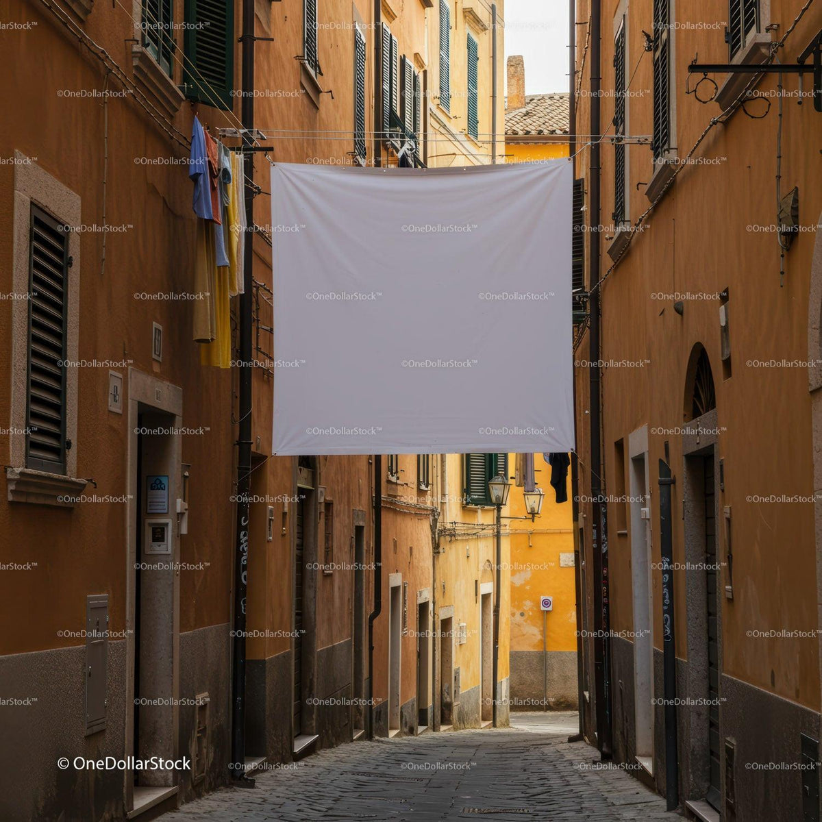 Narrow European Alley with Hanging Laundry and Banner JPG Mockup Image preview