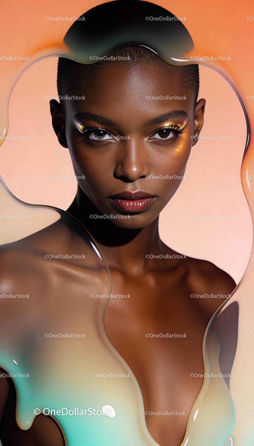 Portrait of a woman with creative golden makeup and fluid art