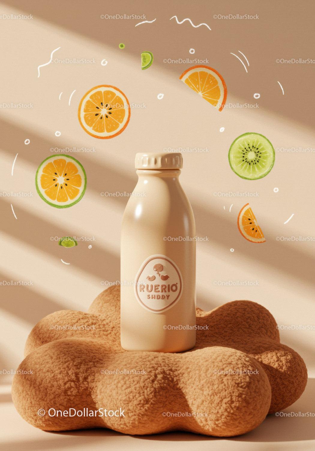 Smoothie Bottle on Soft Textured Cushion with Fruit Slices