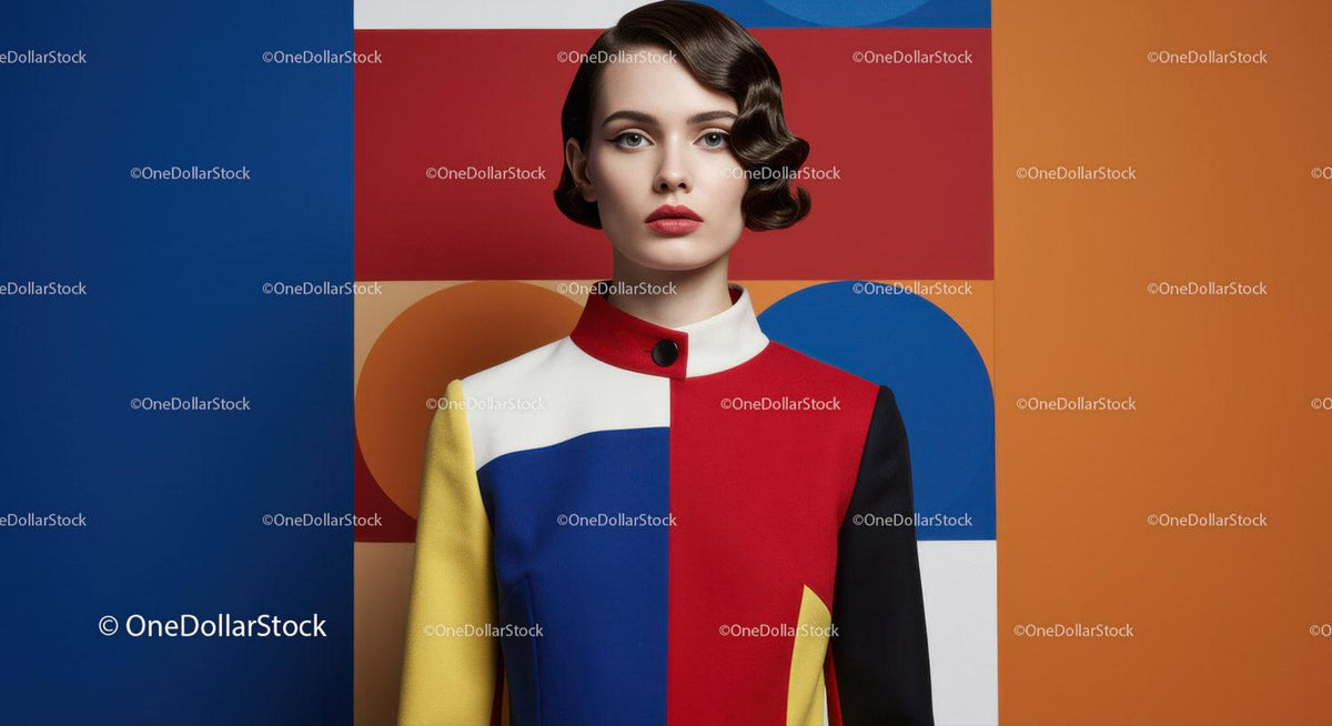 Woman in Color Block Fashion Standing Against Art Background