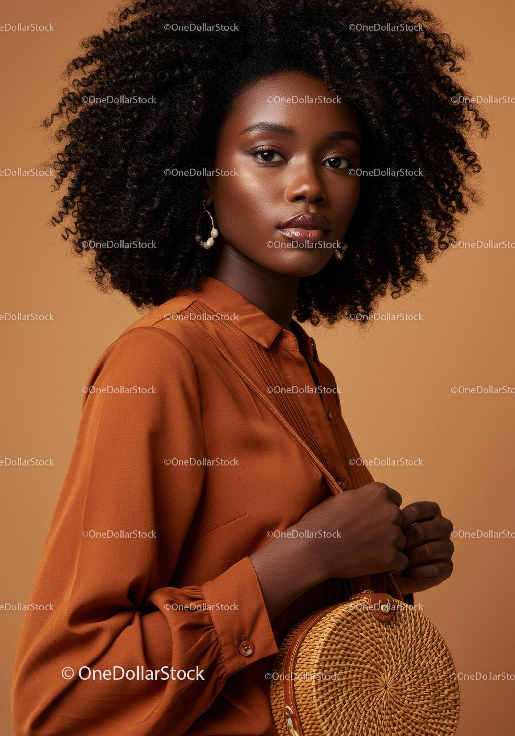 Elegant African American Woman with Curly Hair in Stylish Brown Satin Blouse