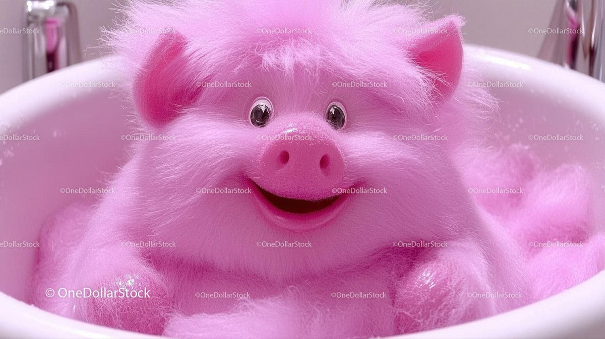 Fluffy pink pig plush toy sitting in a white round basin with shiny eyes