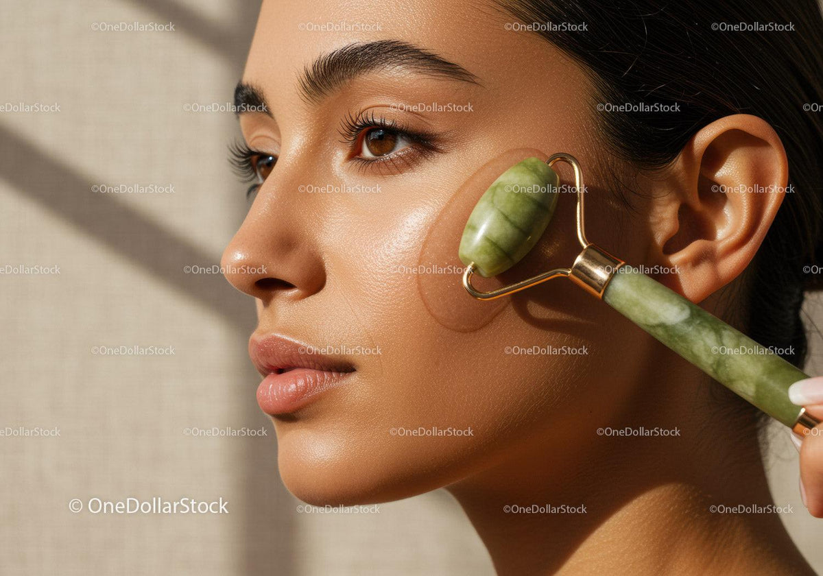 Young Woman Using Jade Roller for Skin Rejuvenation in Spa Setting