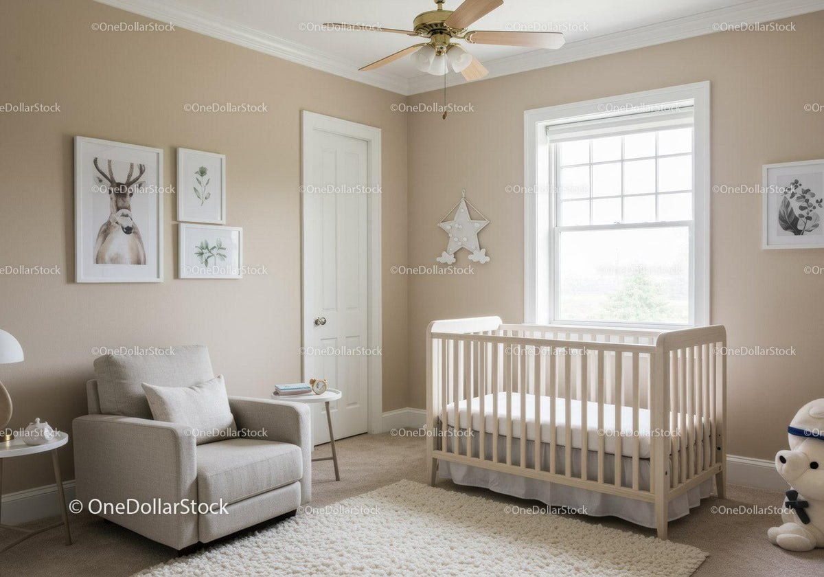 Bright Baby Nursery with Crib Armchair and Wall Art in Cozy Home