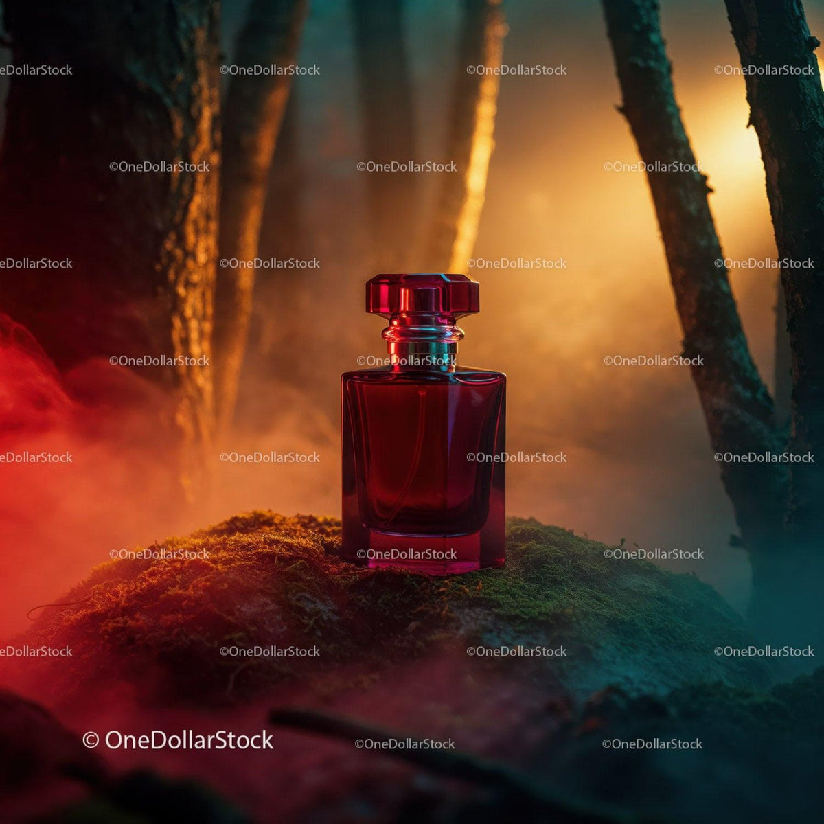 Luxury Red Perfume Bottle in Mystical Forest Scene JPG Mockup Image preview 36