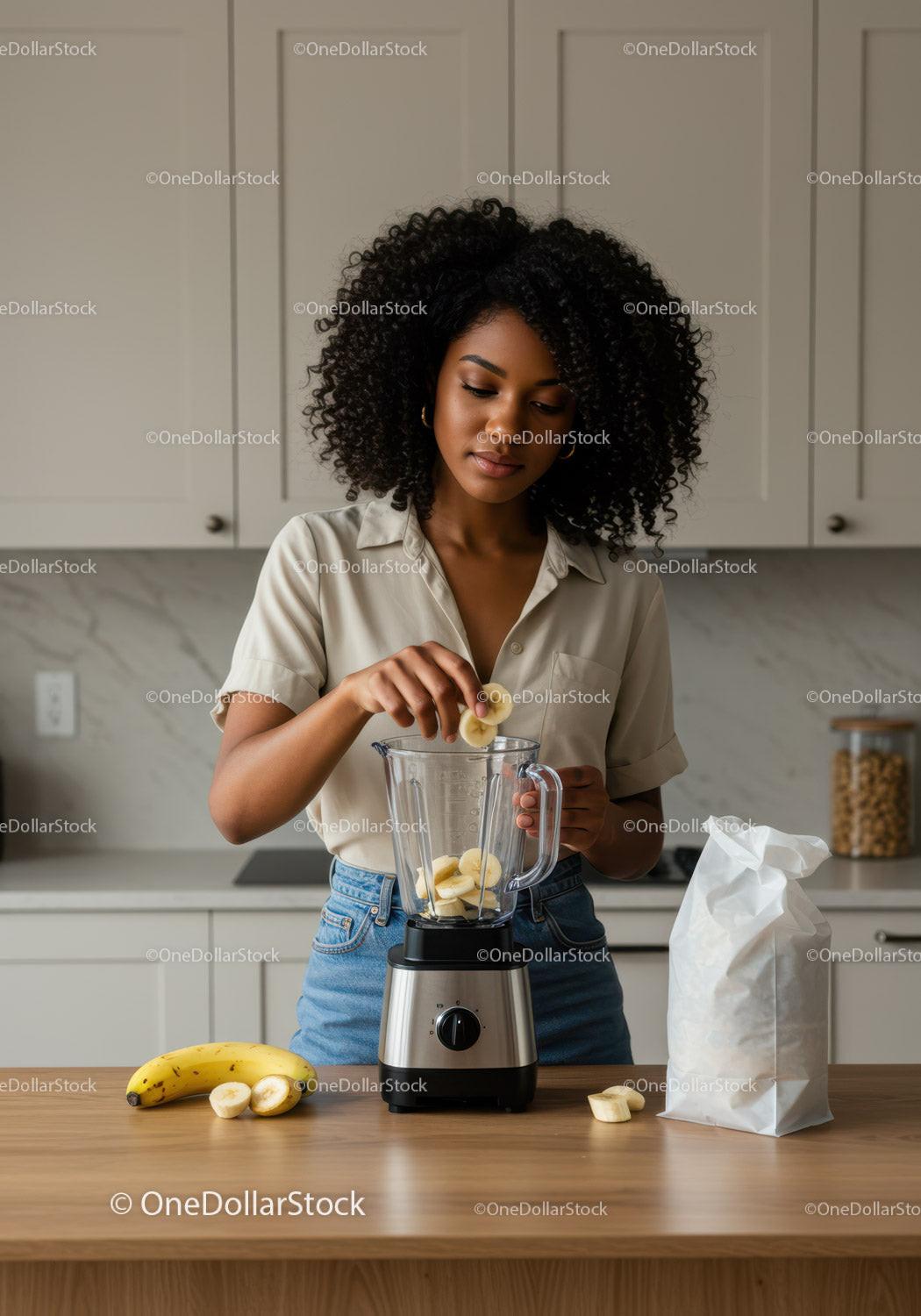Young Woman Blending Banana Smoothie in Modern Kitchen JPG Mockup Image preview
