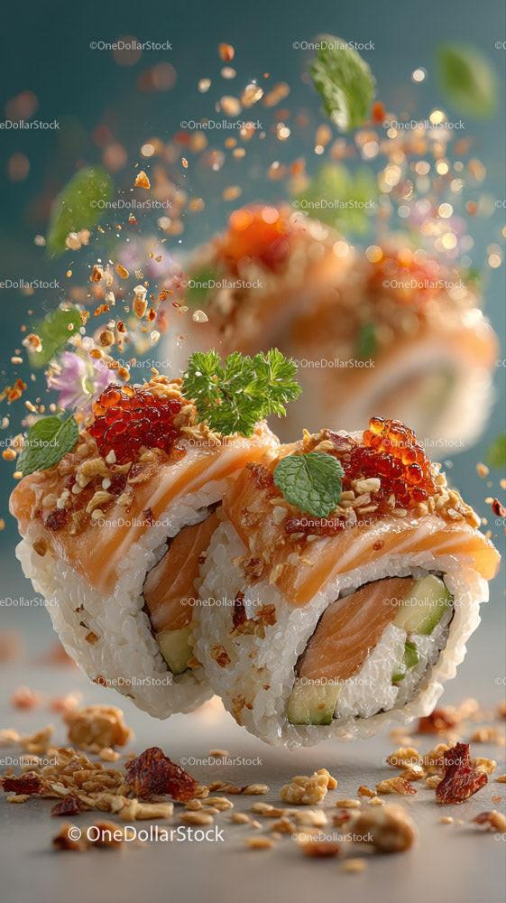 Fresh Sushi Plate with Salmon Tuna Rice Garnishes and Soy Sauce Stock Photo Bundle preview 16
