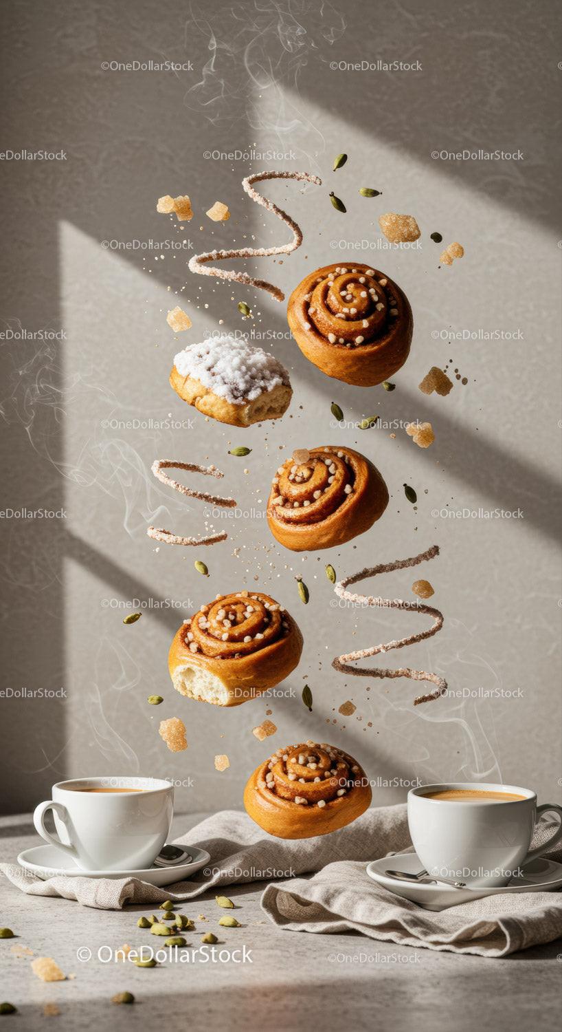 Cinnamon buns and coffee with spices in natural light