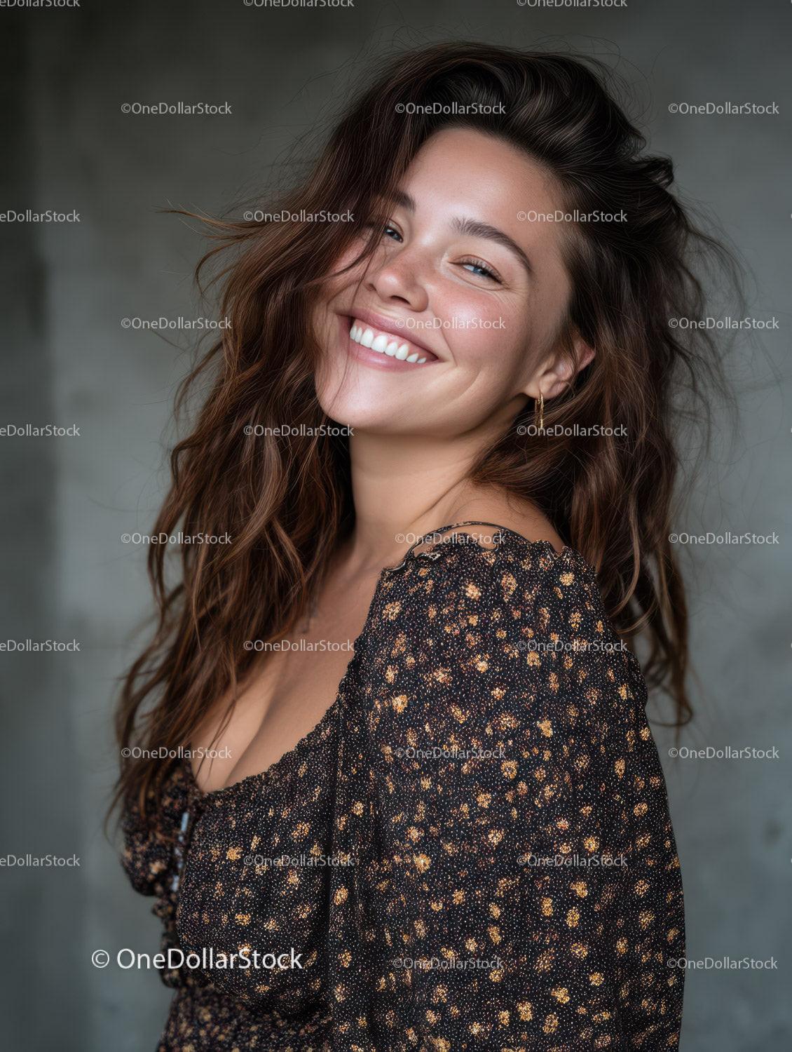 Happy Woman with Wavy Hair Wearing Floral Dress Smiling Portrait