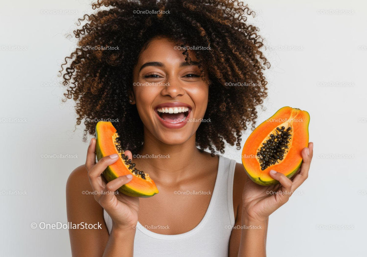 Smiling Woman Holding Ripe Papaya Slices Tropical Fruit Fresh Healthy