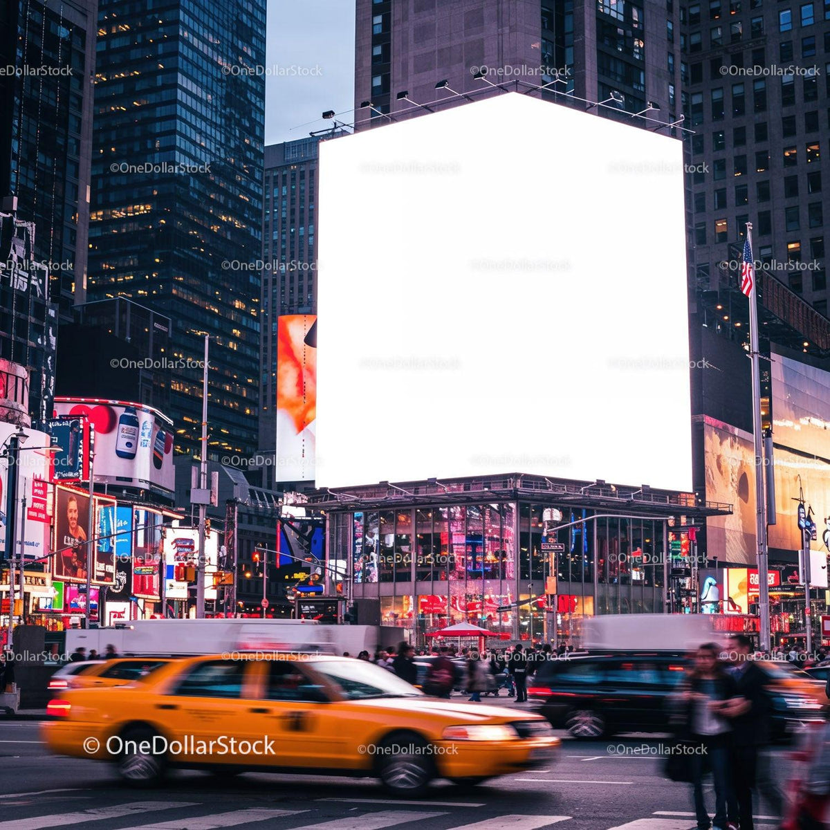Busy Urban Intersection with Yellow Taxi and Bright Billboard JPG Mockup Image preview