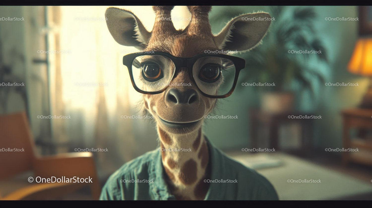 Giraffe wearing black glasses and denim shirt in softly lit room with blurred background