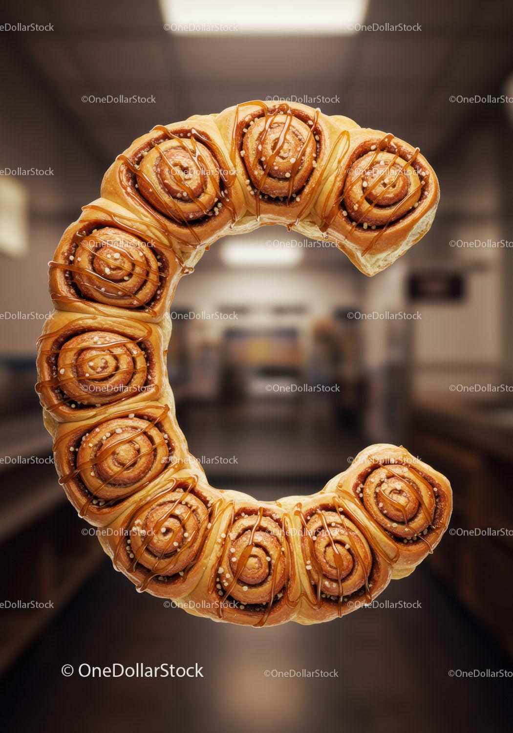 Delicious cinnamon roll letter C with caramel drizzle