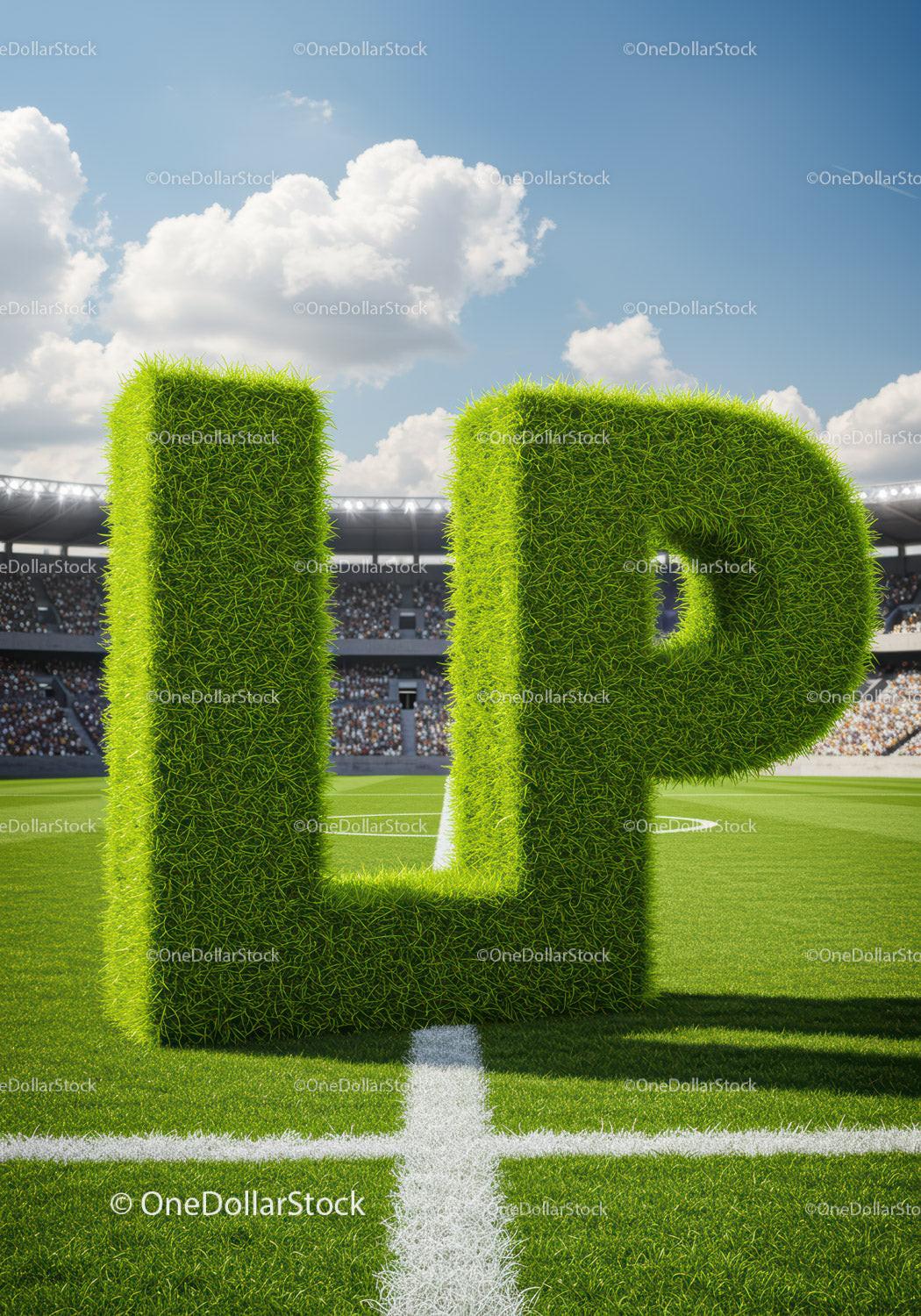 Green lawn letters forming LP on soccer field