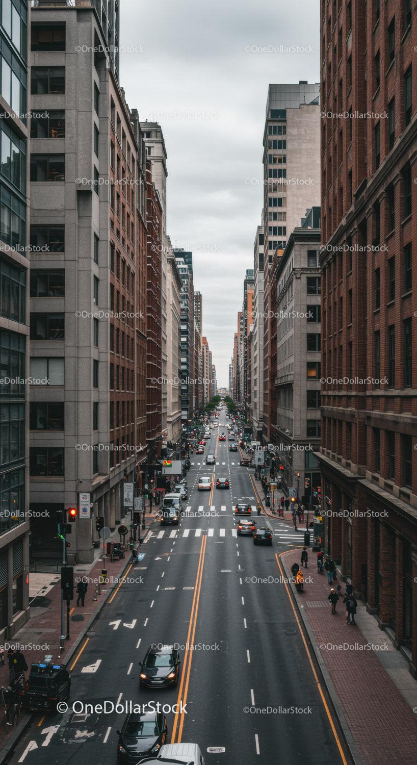 Urban Cityscape with Tall Buildings and Traffic on a Bustling Street