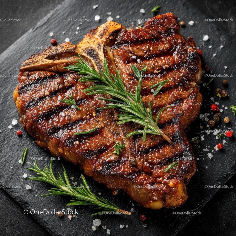 Gourmet Grilled Steak with Rosemary on Black Slate Plate Stock Photo Bundle preview 5