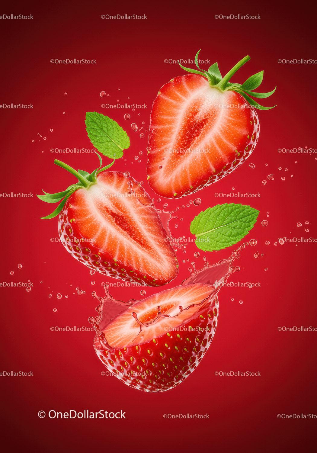 Fresh sliced strawberries with mint leaves and water splash