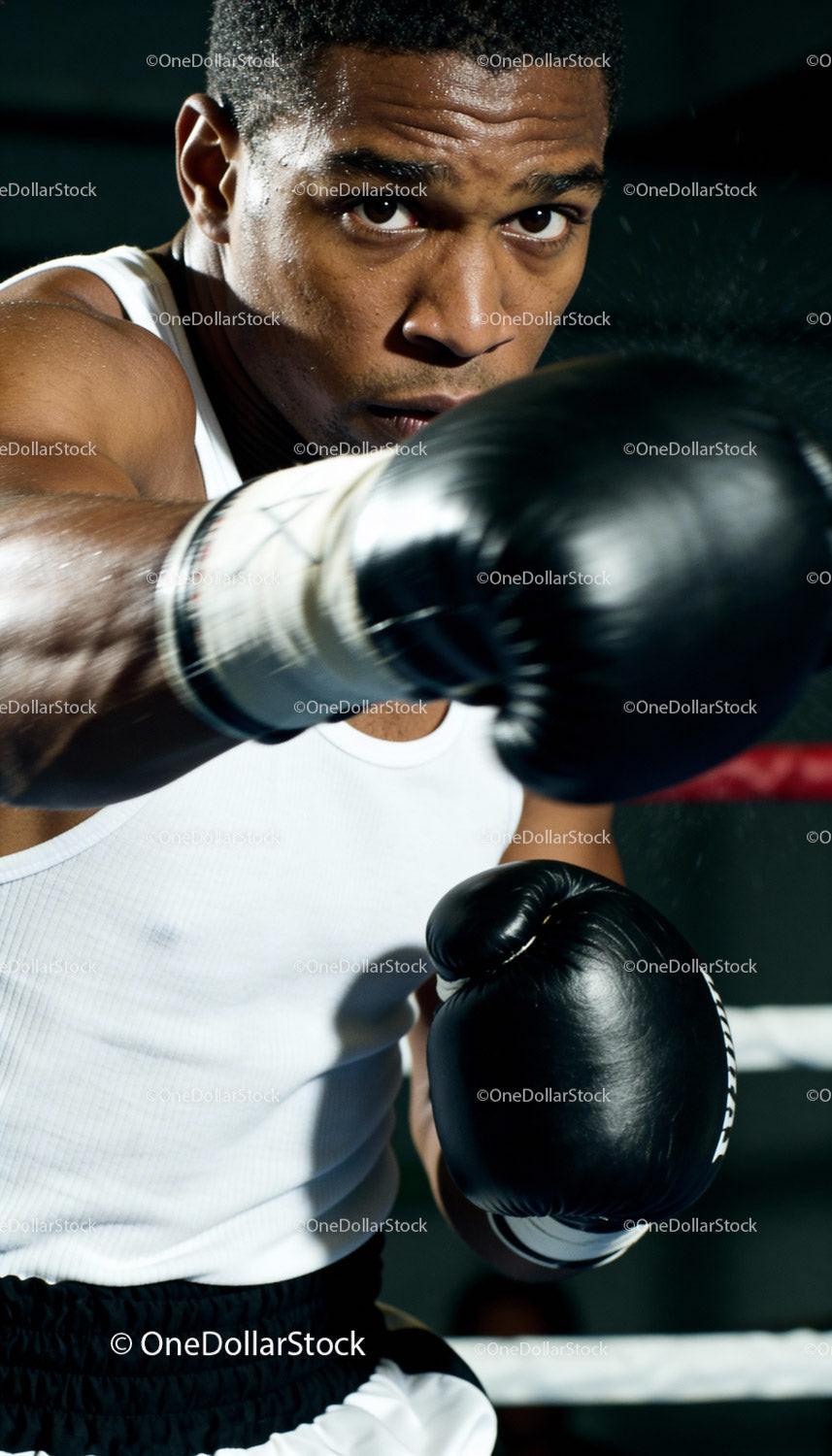 Focused male boxer throwing a powerful punch in the ring