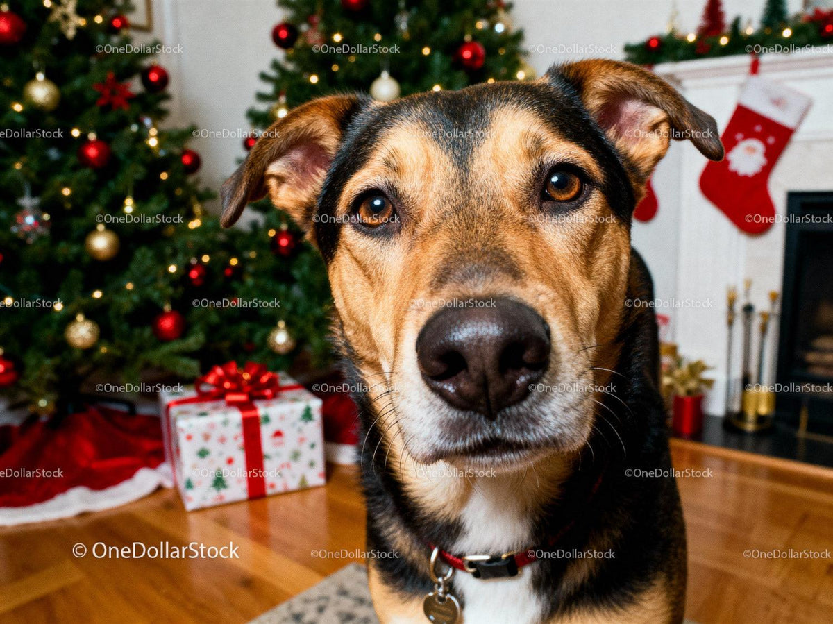 Closeup of Dog Near Christmas Tree and Gifts