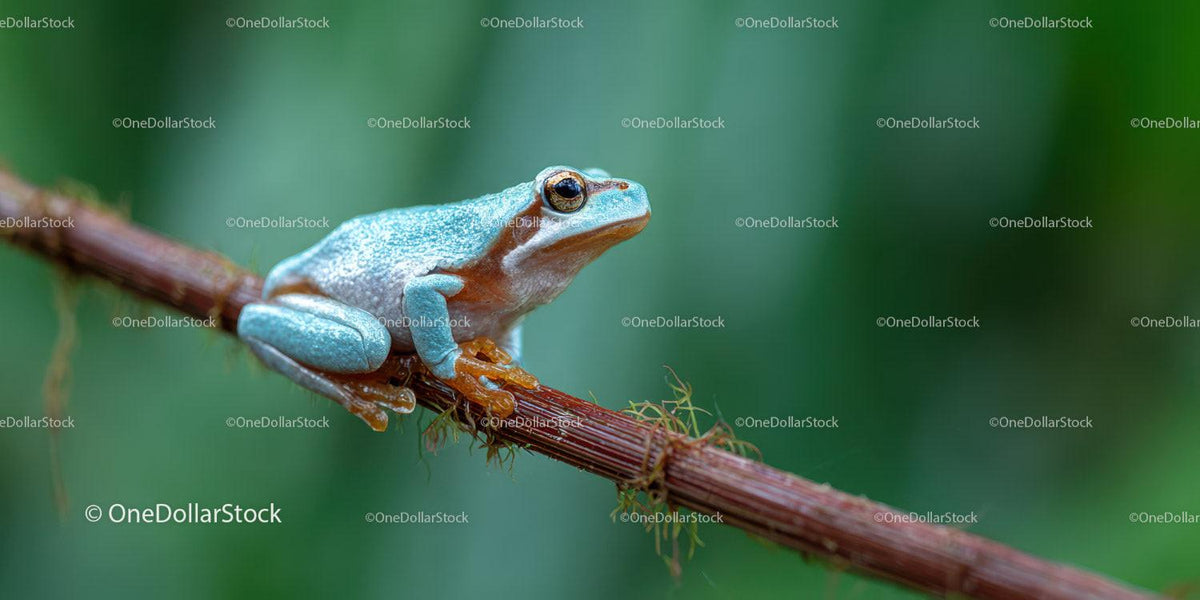 Blue Frog on Branch in Tropical Rainforest