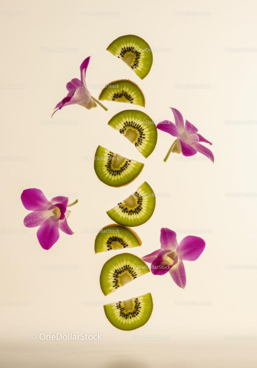 Fresh kiwi slices with delicate purple orchid flowers