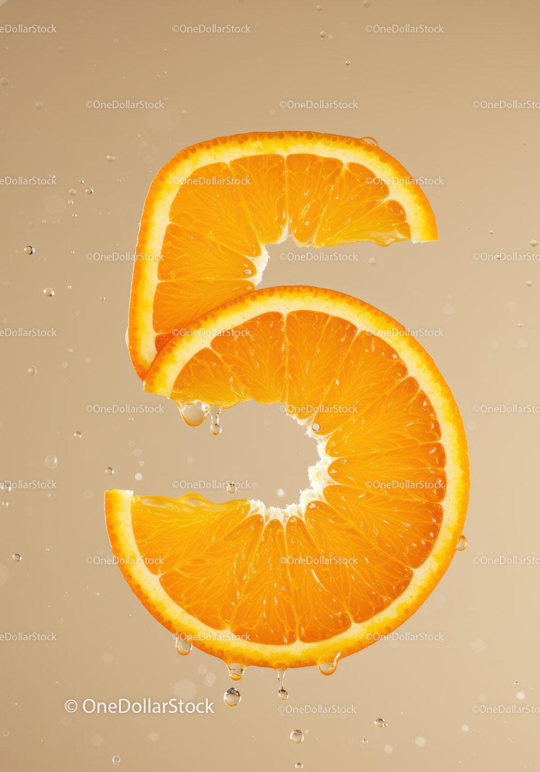 Fresh Orange Slice Forming Number Five with Water Drops